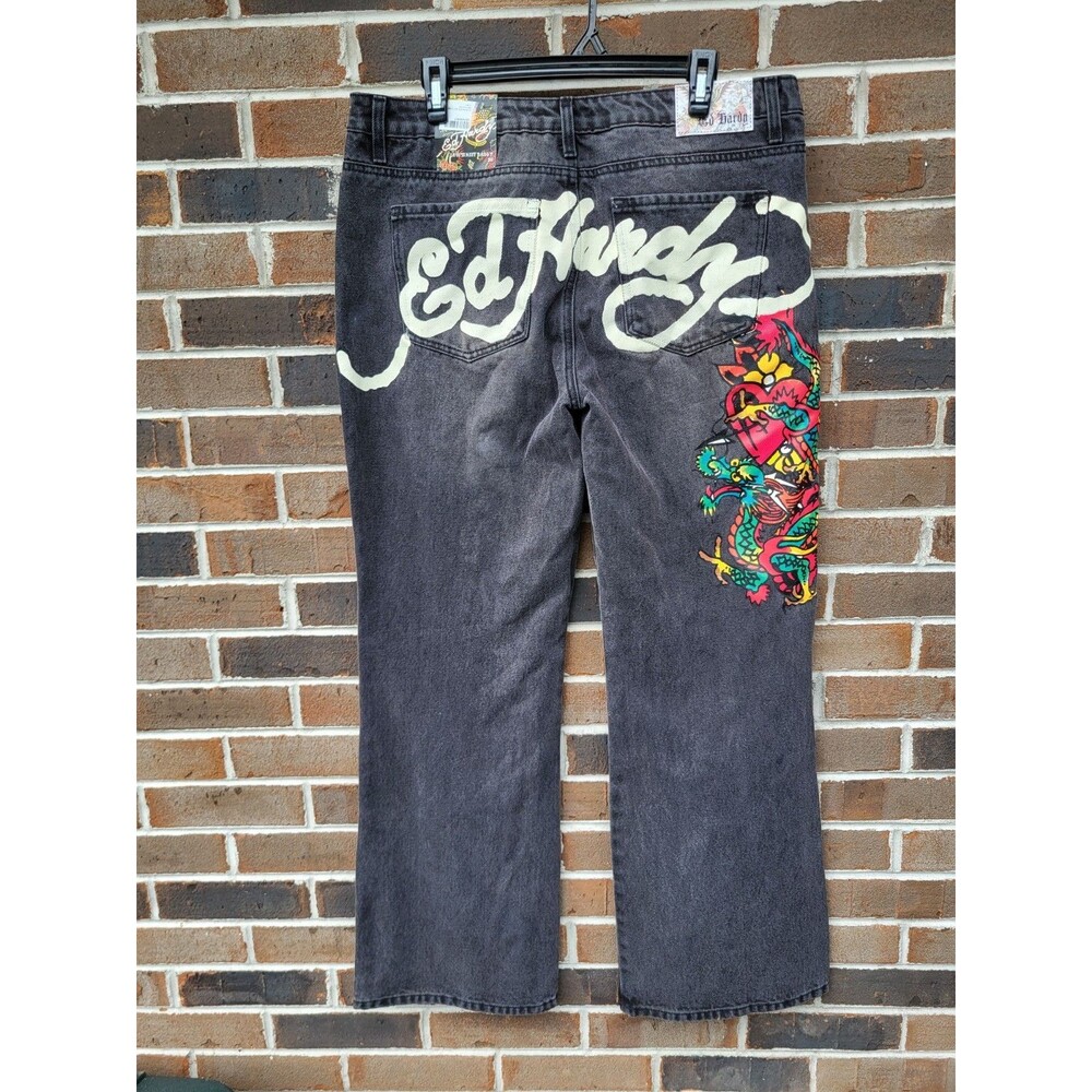 Ed Hardy Dragon Low Waist Baggy Jeans Women's Size 32x30 Faded Black NWT Tattoo